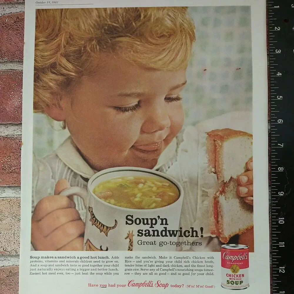 Campbell's Soup N Sandwich - Girl Bowl Chicken Soup - 1961 Vtg PRINT AD Ephemera